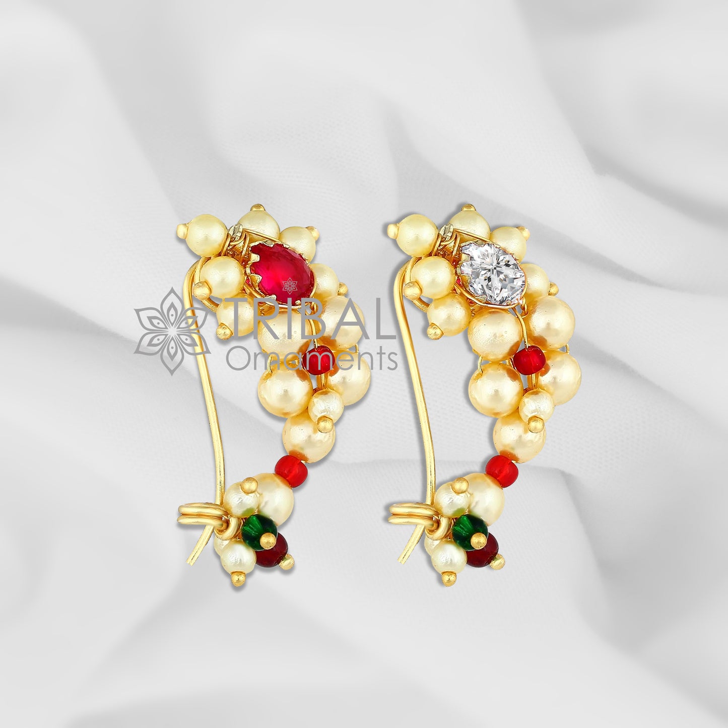 South Indian Traditional cultural nose pin stud or Nath Maharasthrian nath 18 kt yellow gold and pearl handmade ethnic jewelry from india gnp52 - TRIBAL ORNAMENTS