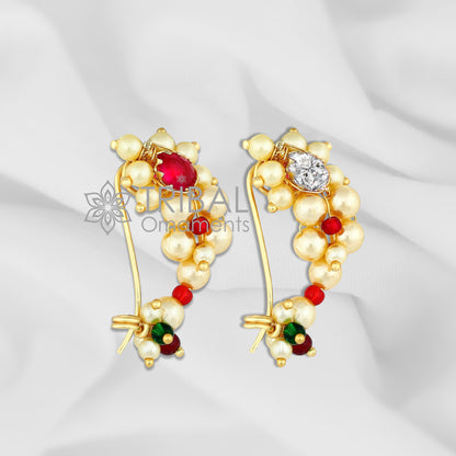 Indian traditional gold nose pin with pearl and white stone, handmade tribal jewelry, 18 kt yellow gold, ethnic cultural nose stud.