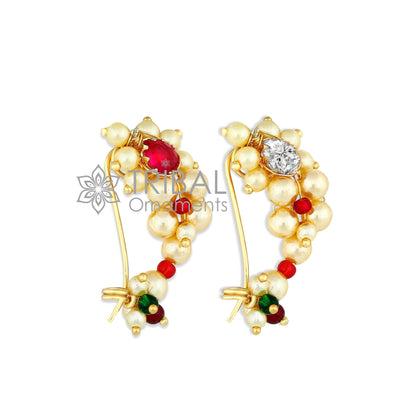 Indian traditional nose pin stud with white stone, 18kt yellow gold, and pearl, handmade ethnic jewelry from Tribal Ornaments.