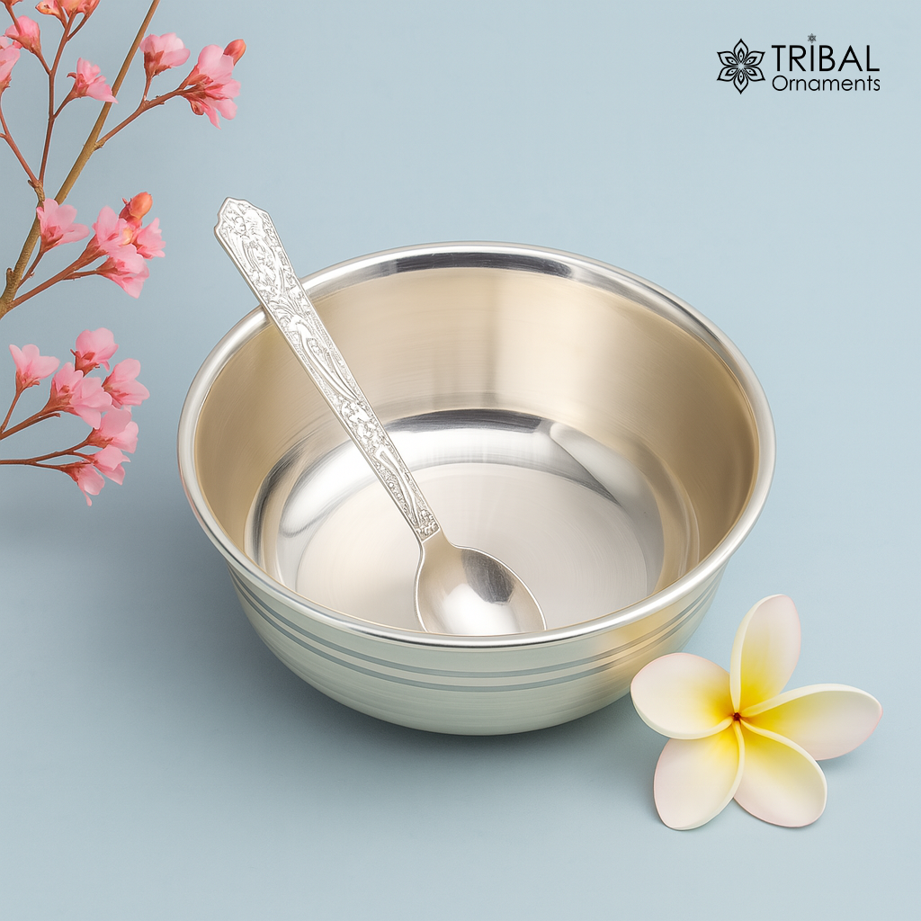 999 fine solid silver handmade small bowl for baby serving, pure silver vessel, silver utensils, home kitchen accessories puja bowl sv226 - TRIBAL ORNAMENTS