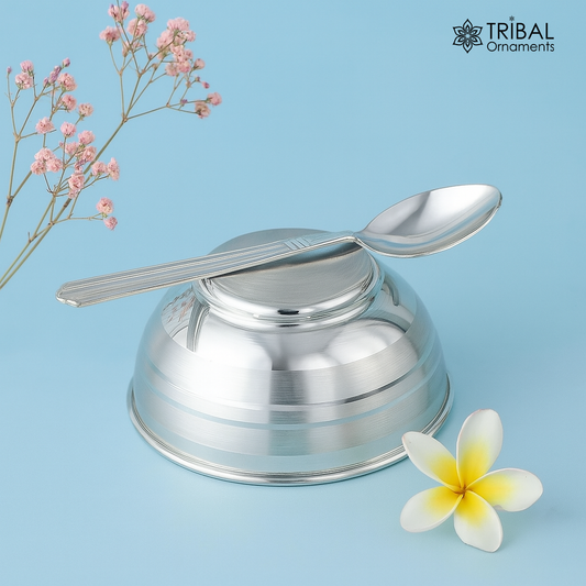 999 pure sterling silver handmade solid silver bowl and spoon, healthy serving bowl, silver vessels, baby serving utensils baby set sv261 - TRIBAL ORNAMENTS