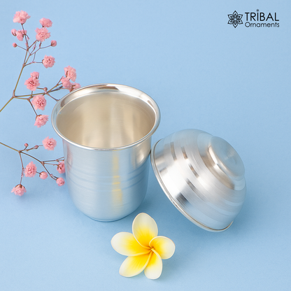 Fine silver water milk glass, bowl, tumbler, and utensils set by Tribal Ornaments for Diwali Puja, crafted in 999 silver.