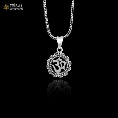 925 pure silver divine mantra AUM OM pendant, delicate unisex jewelry with wheat chain necklace, crafted by TRIBAL ORNAMENTS.
