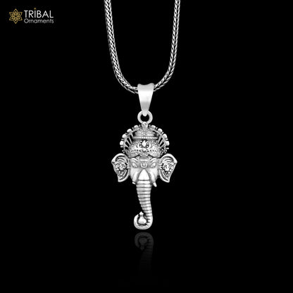925 pure silver Ganesha face pendant with wheat chain necklace, unisex jewelry, ideal for gifting, by Tribal Ornaments.