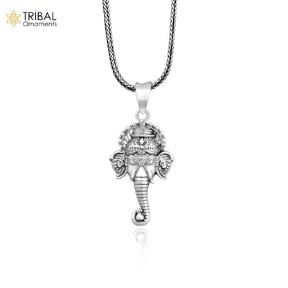 925 silver Ganesha face pendant with wheat chain necklace, unisex jewelry, tribal ornament style, ideal for gifting.