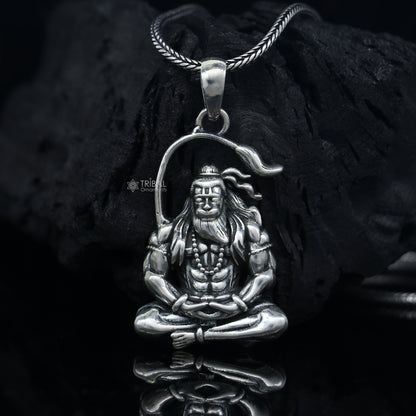 925 pure silver Lord Hanuman meditation pendant by Tribal Ornaments, featuring intricate design, ideal for meaningful gifting.