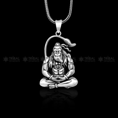 925 pure silver Lord Hanuman meditation pendant by Tribal Ornaments, featuring detailed design, ideal for gifting or meditation.