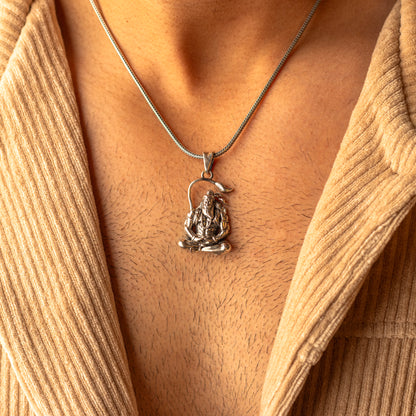 925 pure silver Lord Hanuman meditation pendant, tribal ornament design, ideal for gifting, featuring intricate craftsmanship.