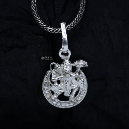 Unisex 925 pure silver Lord Hanuman pendant necklace with wheat chain, tribal ornament design, intricate detailing, suitable for gifting