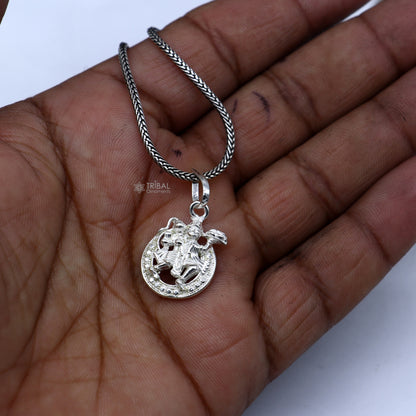 Unisex 925 pure silver Lord Hanuman pendant with wheat chain necklace, tribal ornamental jewelry, detailed religious design.