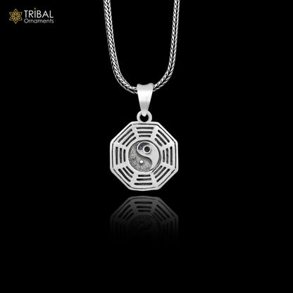 925 silver Heaven Ba Gua pendant with intricate symbol design on a wheat chain, unisex jewelry by TRIBAL ORNAMENTS.