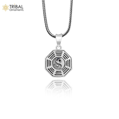 925 pure silver Ba Gua pendant featuring Heaven symbol design, unisex jewelry with wheat chain from TRIBAL ORNAMENTS.