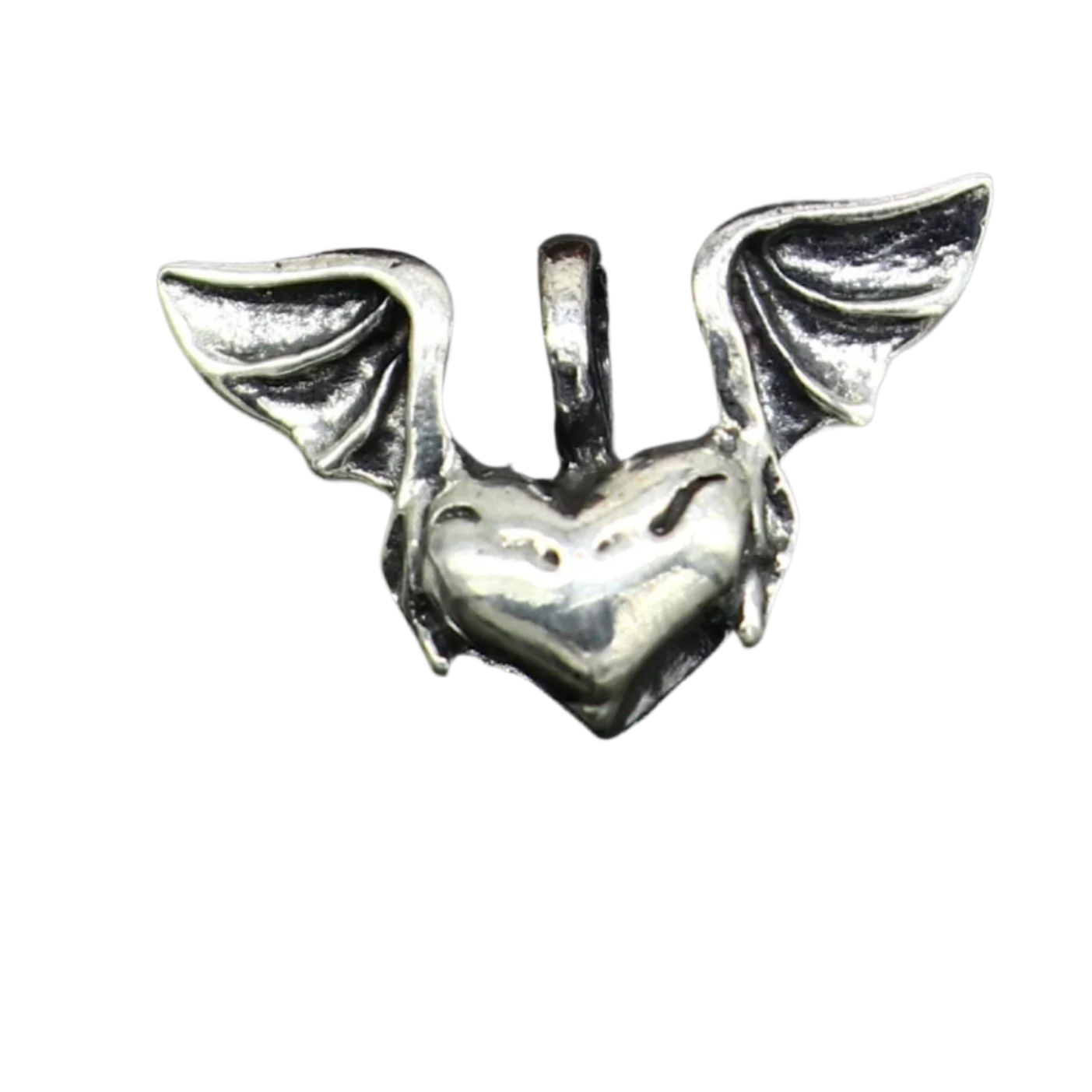 Sterling silver heart pendant with feather design from Tribal Ornaments, stylish unisex jewelry, handcrafted and perfect for gifting.