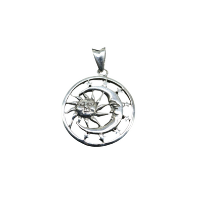 Sterling silver sun, moon, and star pendant with tribal design, unisex handmade jewelry by TRIBAL ORNAMENTS.