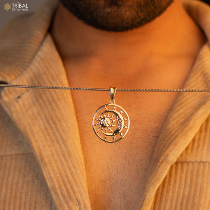 Sterling silver sun, moon, and star pendant by TRIBAL ORNAMENTS, unisex handmade jewelry with celestial design.