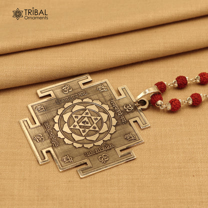 925 sterling silver Bagalamukhi yantra pendant with Rudraksha mala, traditional meditation jewelry, crafted by TRIBAL ORNAMENTS