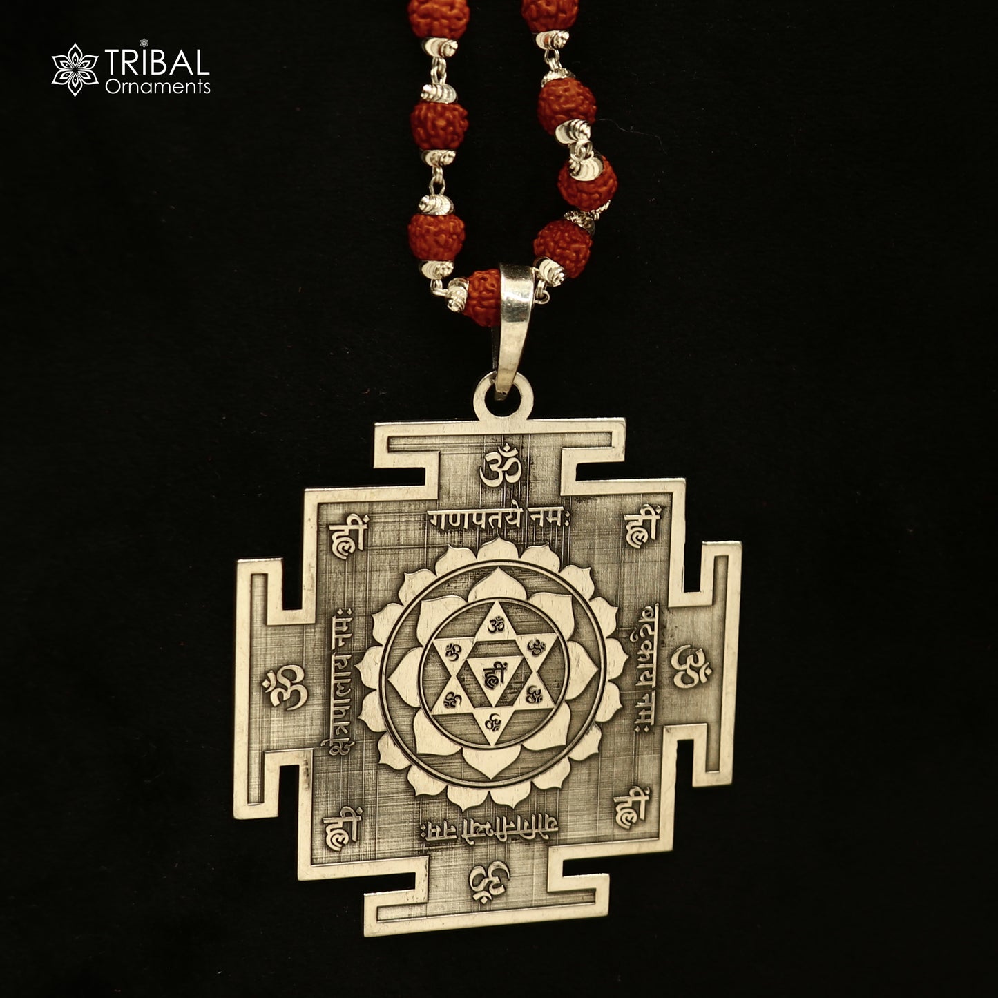 925 sterling silver 2.5" Bagalamukhi yantra pendant  with Rudraksha mala(optional) meditation jewellery nsp1085 - TRIBAL ORNAMENTS