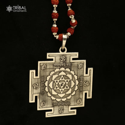 925 sterling silver Bagalamukhi yantra pendant with Rudraksha mala, meditation jewelry, featuring intricate design and spiritual symbolism.