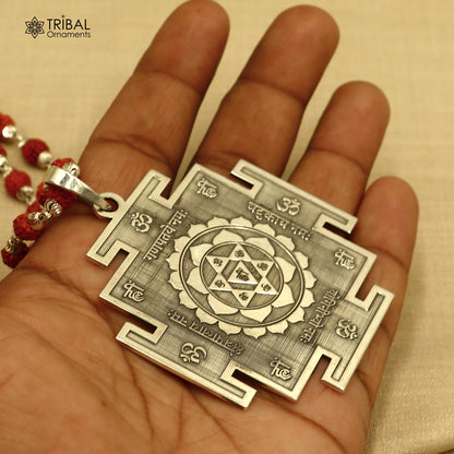 925 silver Bagalamukhi yantra pendant with Rudraksha mala, traditional meditation jewelry by Tribal Ornaments.