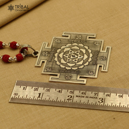 925 sterling silver Bagalamukhi yantra pendant with Rudraksha mala, meditation jewelry, crafted by TRIBAL ORNAMENTS.