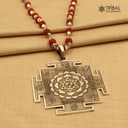 925 sterling silver Bagalamukhi yantra pendant with Rudraksha mala, meditation jewelry, intricate design, tribal ornaments brand.