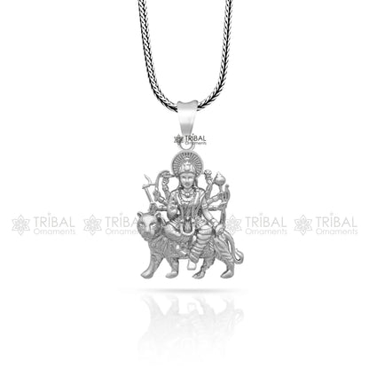 925 sterling silver Goddess Bhawani Durga Maa pendant featuring intricate tribal design and divine religious jewelry.