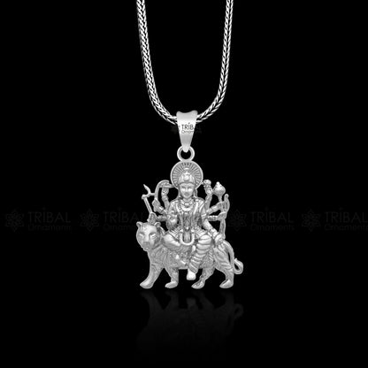 925 sterling silver Goddess Bhawani Durga Maa pendant, tribal divine jewelry featuring intricate goddess locket design.