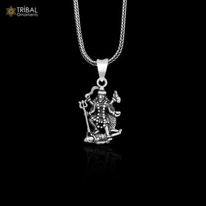 Sterling silver Goddess Kali Maa pendant featuring tribal design, personalized jewelry with blessing motif from TRIBAL ORNAMENTS.