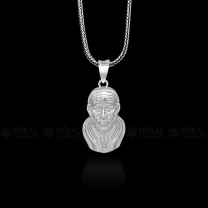 925 sterling silver Sai Baba pendant featuring divine blessing, tribal-inspired jewelry design, detailed craftsmanship.