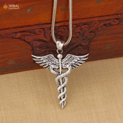 Sterling silver Caduceus symbol doctor pendant with chain, tribal jewelry design by Tribal Ornaments.