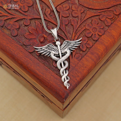 Sterling silver Caduceus symbol doctor pendant with chain, tribal jewelry by TRIBAL ORNAMENTS, showcasing detailed design and craftsmanship.