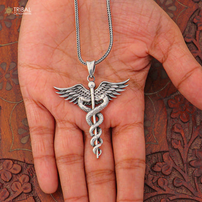 Sterling silver Caduceus symbol doctor pendant with chain, tribal jewelry design, detailed medical staff charm.