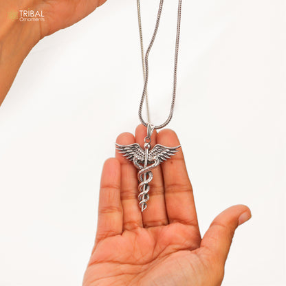 925 sterling silver Caduceus symbol doctor pendant with chain, tribal jewelry by TRIBAL ORNAMENTS, detailed silver tribal pendant.