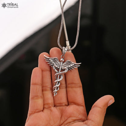925 sterling silver Caduceus symbol doctor pendant with chain, tribal jewelry by TRIBAL ORNAMENTS, featuring intricate design.