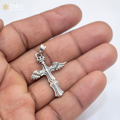 925 sterling silver cross pendant with chain, tribal jewelry by TRIBAL ORNAMENTS, featuring detailed tribal design.
