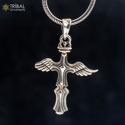 Sterling silver cross pendant with chain from Tribal Ornaments, featuring tribal-inspired design and intricate detailing.
