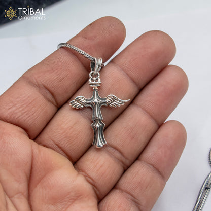 925 sterling silver cross pendant with chain, tribal jewelry design by TRIBAL ORNAMENTS, detailed silver craftsmanship.
