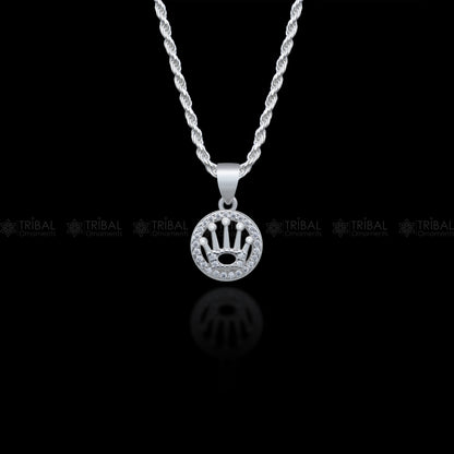 925 Sterling silver crown design pendant with diamond cubic zirconia stone, featuring intricate tribal ornament details.