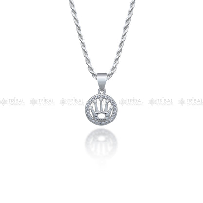 Sterling silver crown pendant with diamond cubic zirconia stones, tribal ornaments design, elegant jewelry accessory.