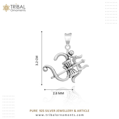 Sterling silver Aum OM pendant with trident design, unisex vintage-style jewelry by Tribal Ornaments.