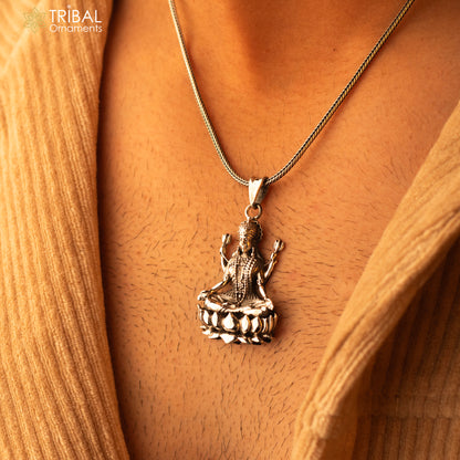 Sterling silver Goddess Laxmi pendant in vintage antique style, unisex jewelry with intricate design, perfect for gifting.