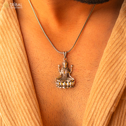 Sterling silver Goddess Laxmi pendant with vintage antique design, unisex jewelry, handcrafted by TRIBAL ORNAMENTS.