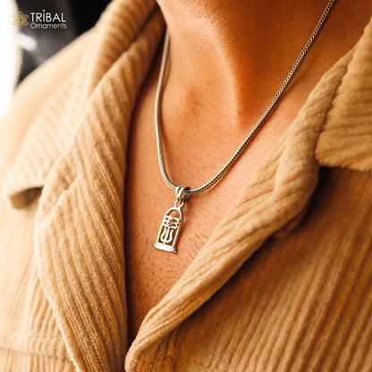 Unisex 925 sterling silver Lord Shiva Lingam pendant with intricate tribal design, ideal for customized Hindu jewelry.