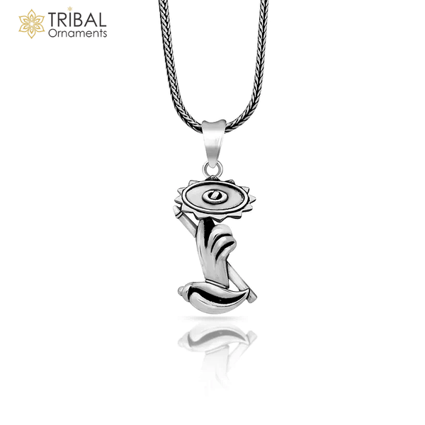 Sterling silver Krishna Sudarshan Chakra flute and Shankh combo pendant jewelry featuring divine Lord Krishna design.