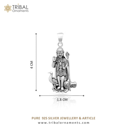 925 sterling silver Lord Murugan Kartikeya pendant, elegant unisex jewelry featuring a divine deity design by TRIBAL ORNAMENTS.