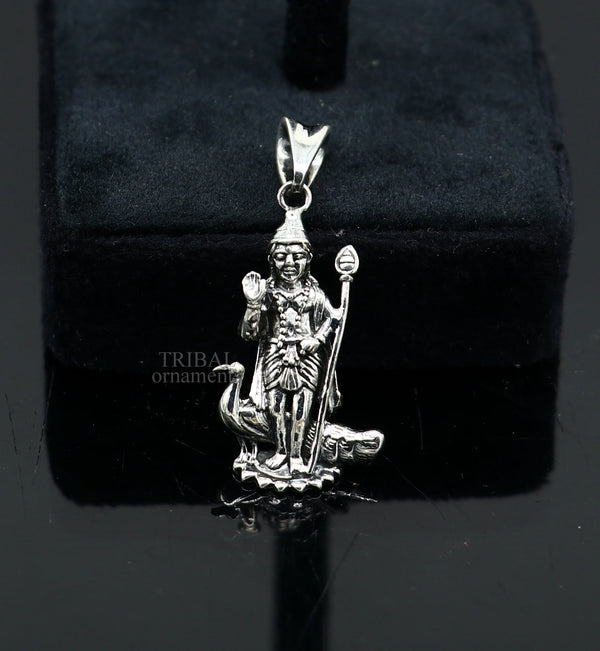 925 sterling silver Lord Murugan Kartikeya pendant by TRIBAL ORNAMENTS, vintage style, handcrafted unisex jewelry with detailed divine design.