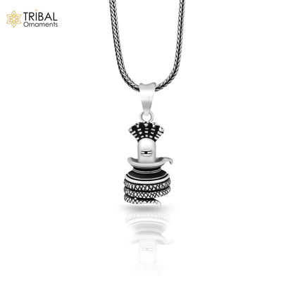 925 sterling silver Shiva Lingam pendant necklace featuring intricate divine lord design, tribal ornament jewelry.