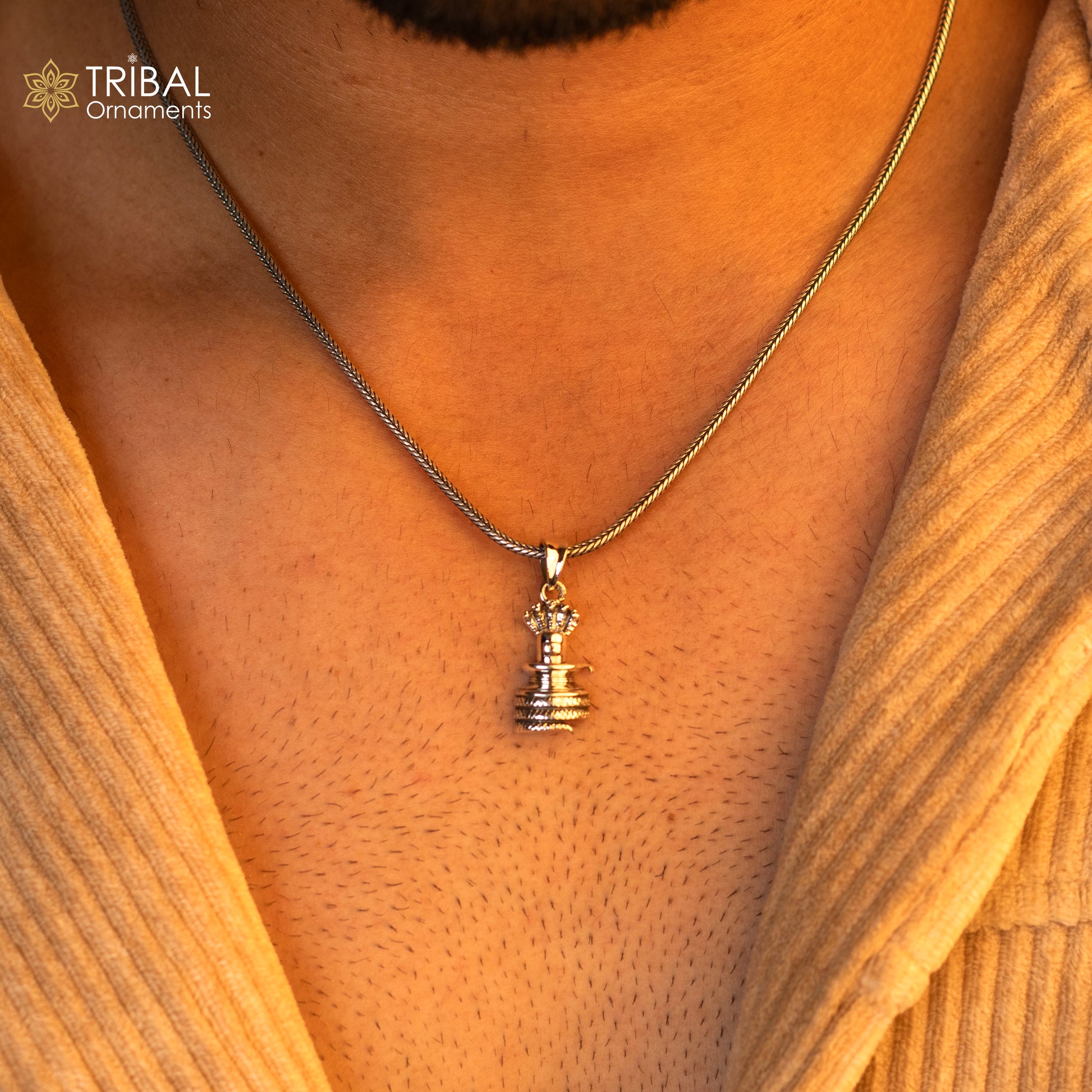 925 sterling silver Lord Shiva Lingam pendant necklace, tribal-style divine god jewelry with intricate design and religious symbolism.