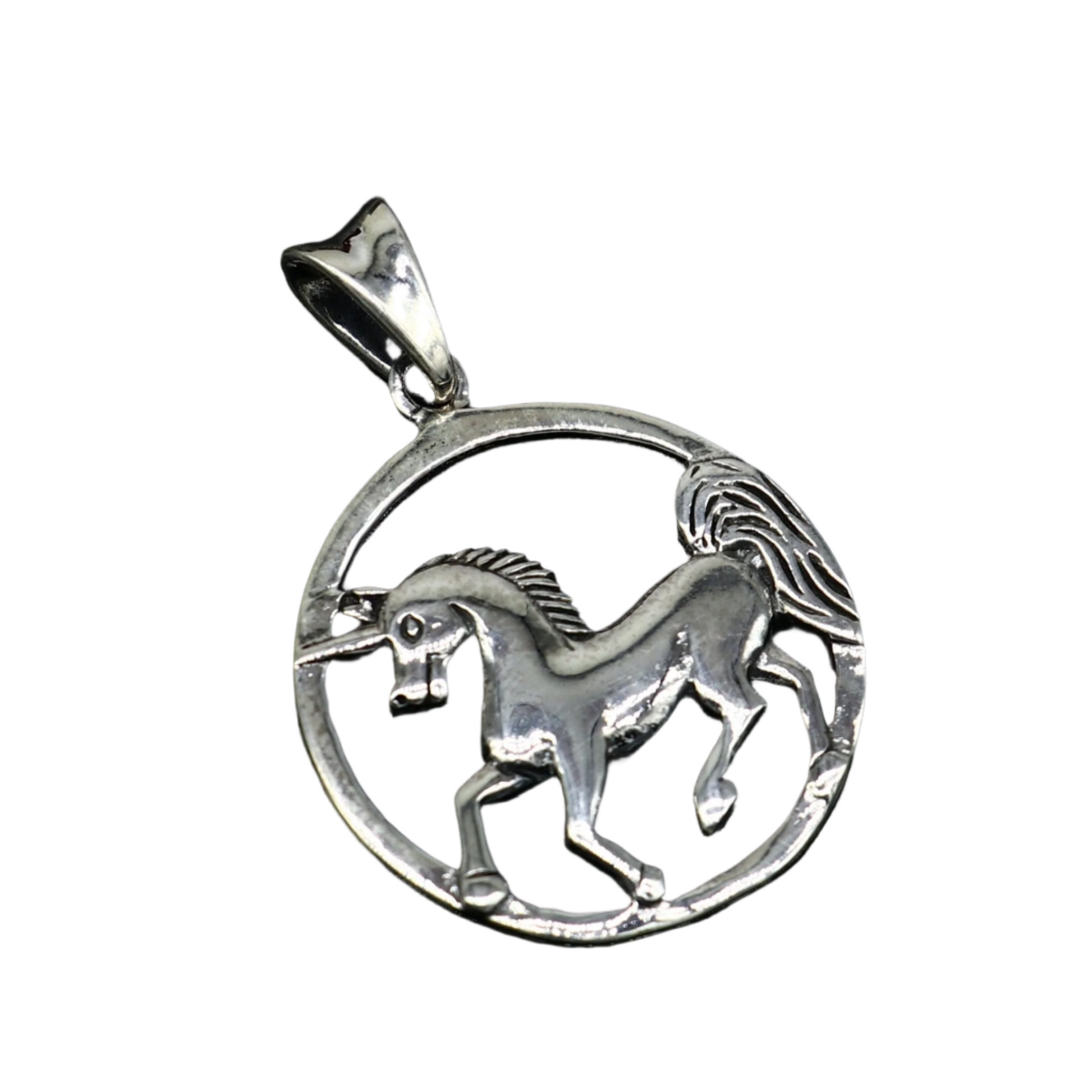 Sterling silver horse and unicorn pendant by TRIBAL ORNAMENTS, stylish vintage design for boys and girls.