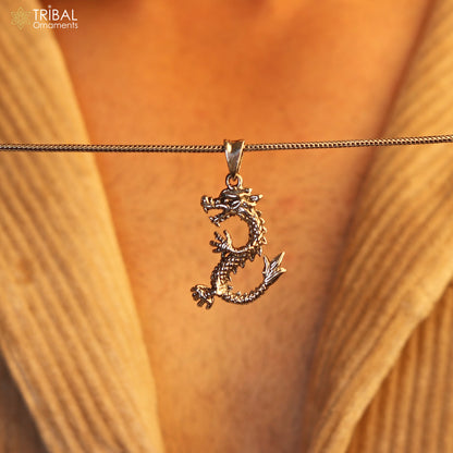 Sterling silver vintage dragon pendant by TRIBAL ORNAMENTS, featuring intricate tribal design, suitable for boys and girls.